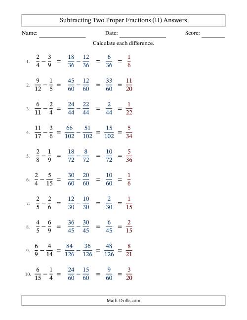 The Subtracting Two Proper Fractions with Unlike Denominators, Proper Fractions Results and All Simplifying (Fillable) (H) Math Worksheet Page 2