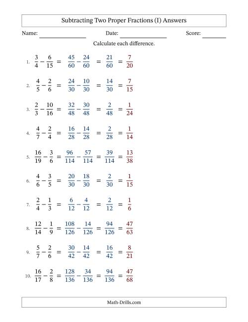 The Subtracting Two Proper Fractions with Unlike Denominators, Proper Fractions Results and All Simplifying (Fillable) (I) Math Worksheet Page 2