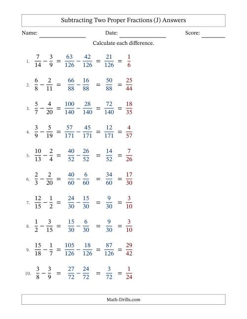 The Subtracting Two Proper Fractions with Unlike Denominators, Proper Fractions Results and All Simplifying (Fillable) (J) Math Worksheet Page 2