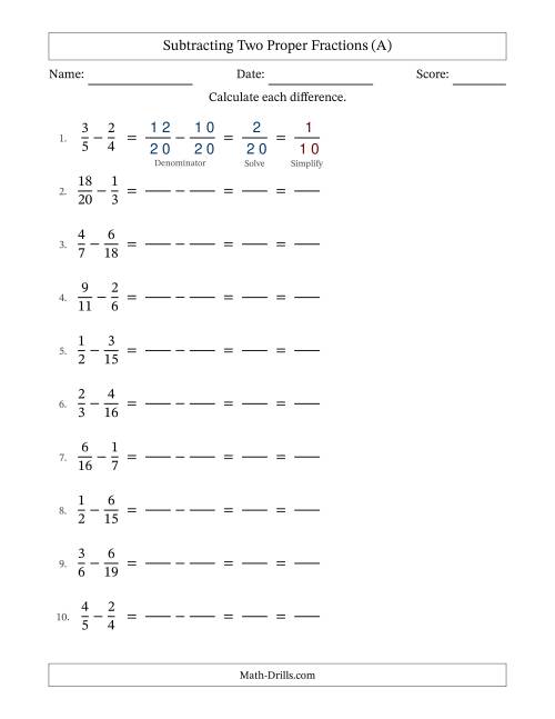 The Subtracting Two Proper Fractions with Unlike Denominators, Proper Fractions Results and All Simplifying (Fillable) (All) Math Worksheet