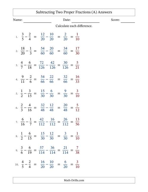 The Subtracting Two Proper Fractions with Unlike Denominators, Proper Fractions Results and All Simplifying (Fillable) (All) Math Worksheet Page 2