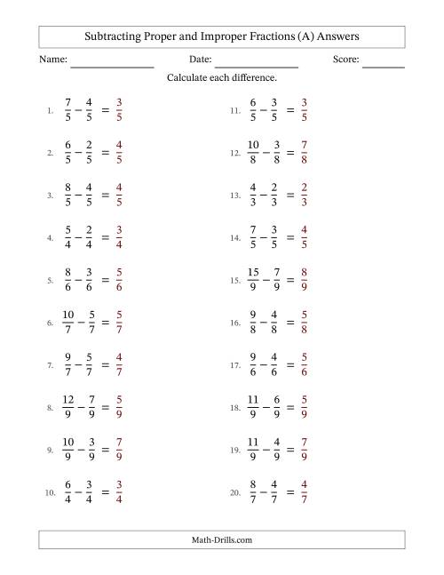 The Subtracting Proper and Improper Fractions with Equal Denominators, Proper Fractions Results and No Simplifying (Fillable) (A) Math Worksheet Page 2