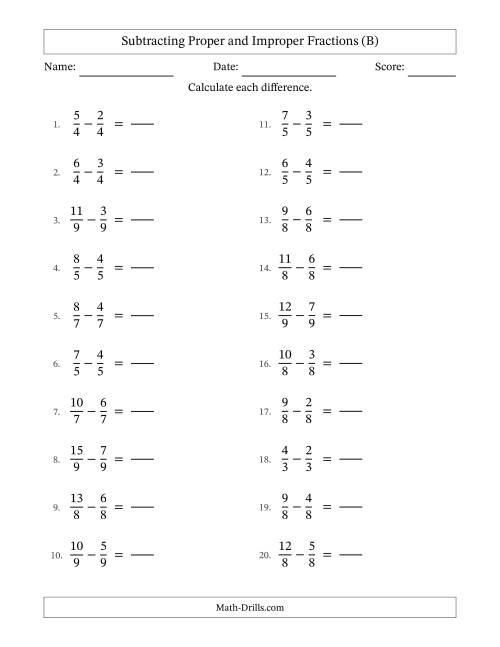 The Subtracting Proper and Improper Fractions with Equal Denominators, Proper Fractions Results and No Simplifying (Fillable) (B) Math Worksheet