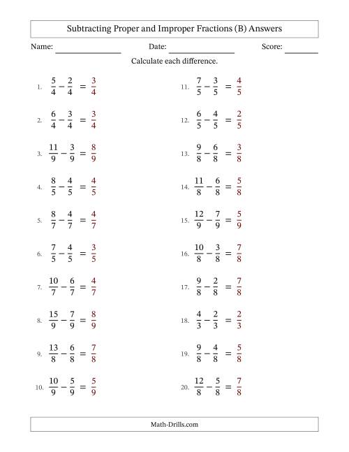 The Subtracting Proper and Improper Fractions with Equal Denominators, Proper Fractions Results and No Simplifying (Fillable) (B) Math Worksheet Page 2