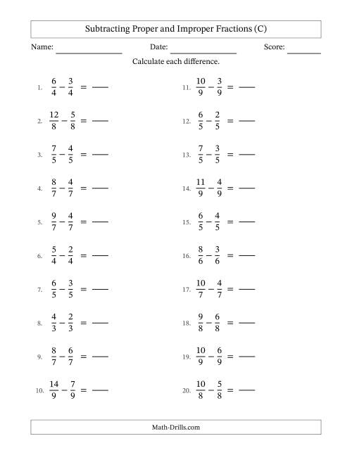 The Subtracting Proper and Improper Fractions with Equal Denominators, Proper Fractions Results and No Simplifying (Fillable) (C) Math Worksheet