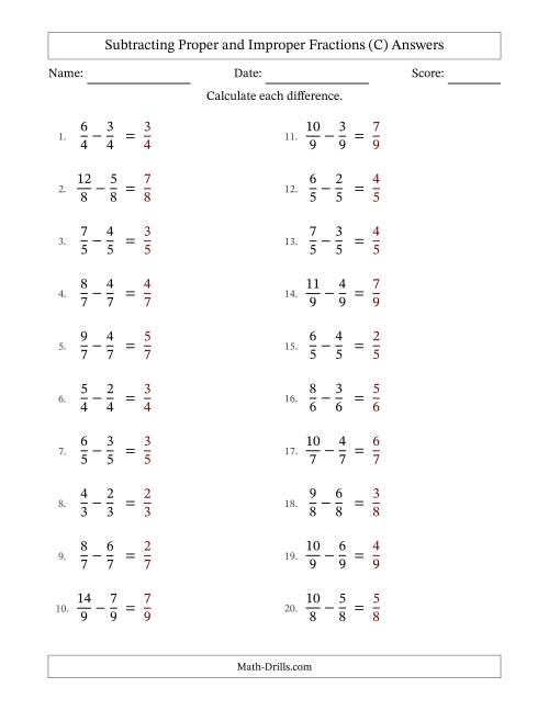The Subtracting Proper and Improper Fractions with Equal Denominators, Proper Fractions Results and No Simplifying (Fillable) (C) Math Worksheet Page 2