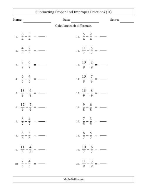 The Subtracting Proper and Improper Fractions with Equal Denominators, Proper Fractions Results and No Simplifying (Fillable) (D) Math Worksheet