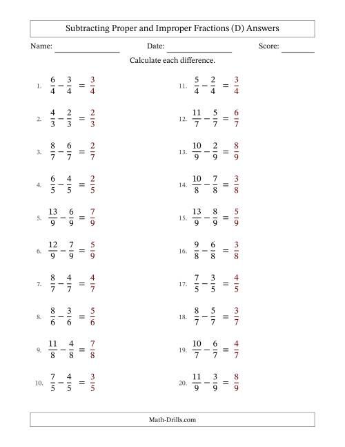 The Subtracting Proper and Improper Fractions with Equal Denominators, Proper Fractions Results and No Simplifying (Fillable) (D) Math Worksheet Page 2