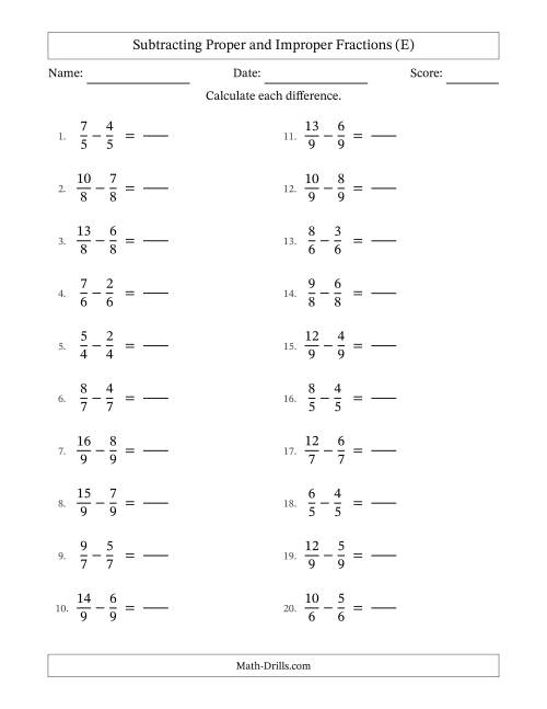 The Subtracting Proper and Improper Fractions with Equal Denominators, Proper Fractions Results and No Simplifying (Fillable) (E) Math Worksheet