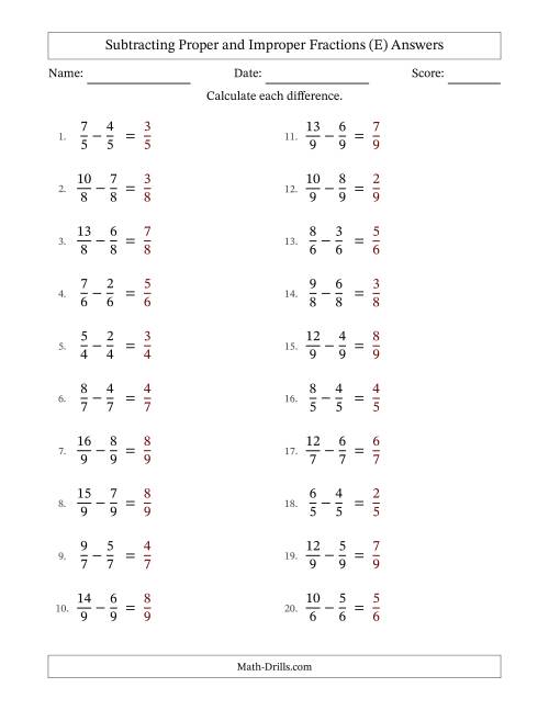 The Subtracting Proper and Improper Fractions with Equal Denominators, Proper Fractions Results and No Simplifying (Fillable) (E) Math Worksheet Page 2