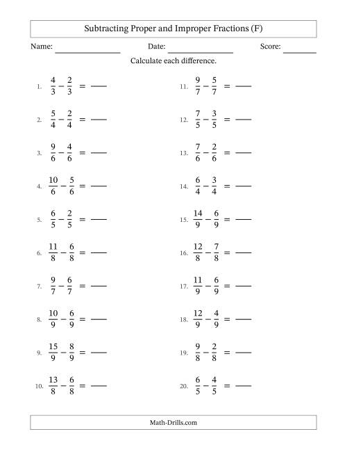 The Subtracting Proper and Improper Fractions with Equal Denominators, Proper Fractions Results and No Simplifying (Fillable) (F) Math Worksheet