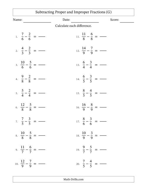 The Subtracting Proper and Improper Fractions with Equal Denominators, Proper Fractions Results and No Simplifying (Fillable) (G) Math Worksheet