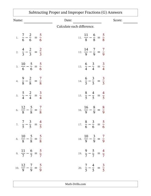 The Subtracting Proper and Improper Fractions with Equal Denominators, Proper Fractions Results and No Simplifying (Fillable) (G) Math Worksheet Page 2