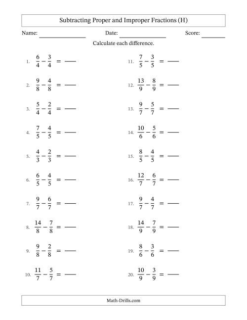 The Subtracting Proper and Improper Fractions with Equal Denominators, Proper Fractions Results and No Simplifying (Fillable) (H) Math Worksheet