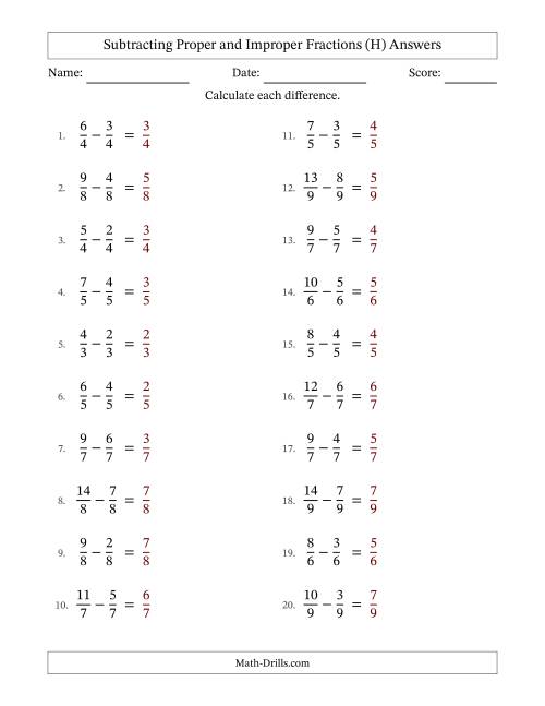 The Subtracting Proper and Improper Fractions with Equal Denominators, Proper Fractions Results and No Simplifying (Fillable) (H) Math Worksheet Page 2