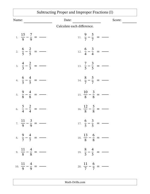 The Subtracting Proper and Improper Fractions with Equal Denominators, Proper Fractions Results and No Simplifying (Fillable) (I) Math Worksheet