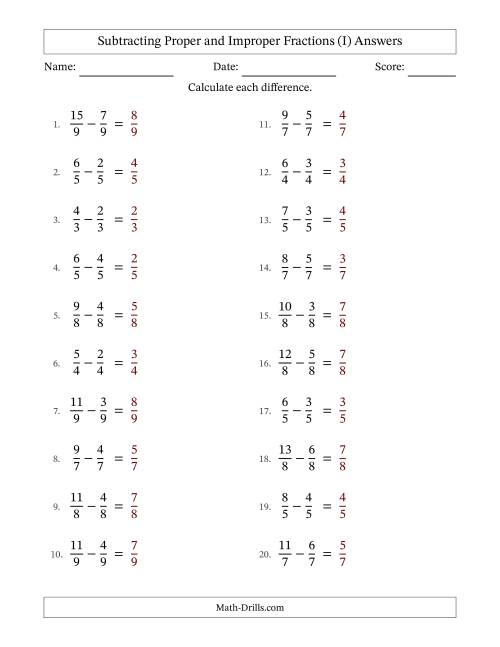 The Subtracting Proper and Improper Fractions with Equal Denominators, Proper Fractions Results and No Simplifying (Fillable) (I) Math Worksheet Page 2
