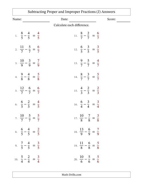 The Subtracting Proper and Improper Fractions with Equal Denominators, Proper Fractions Results and No Simplifying (Fillable) (J) Math Worksheet Page 2