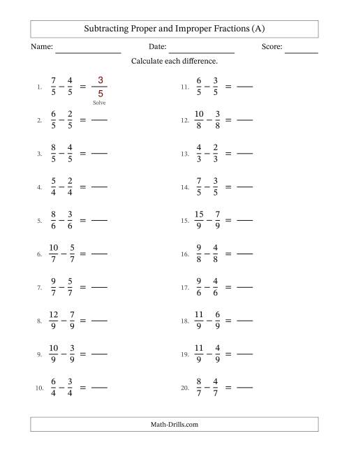 The Subtracting Proper and Improper Fractions with Equal Denominators, Proper Fractions Results and No Simplifying (Fillable) (All) Math Worksheet