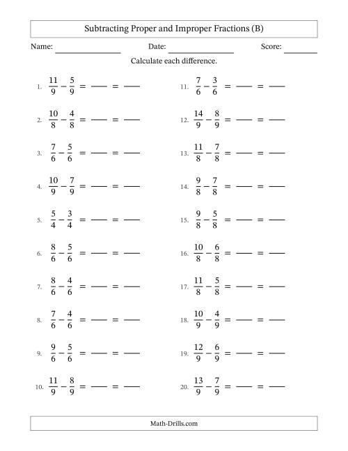 The Subtracting Proper and Improper Fractions with Equal Denominators, Proper Fractions Results and All Simplifying (Fillable) (B) Math Worksheet