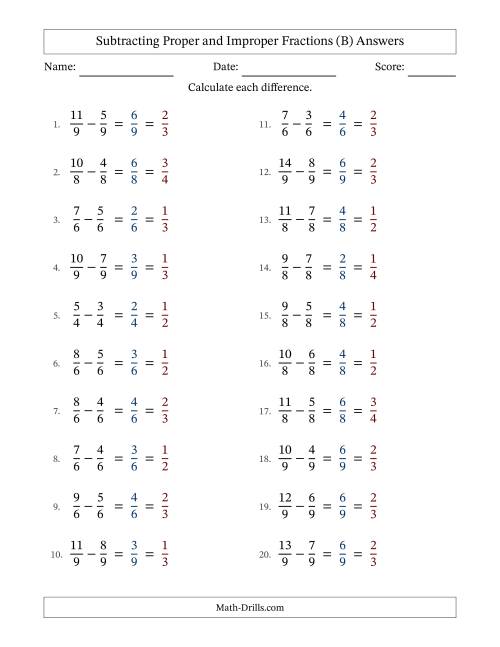 The Subtracting Proper and Improper Fractions with Equal Denominators, Proper Fractions Results and All Simplifying (Fillable) (B) Math Worksheet Page 2