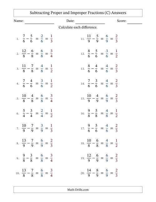The Subtracting Proper and Improper Fractions with Equal Denominators, Proper Fractions Results and All Simplifying (Fillable) (C) Math Worksheet Page 2