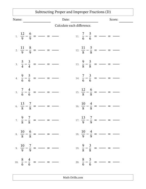 The Subtracting Proper and Improper Fractions with Equal Denominators, Proper Fractions Results and All Simplifying (Fillable) (D) Math Worksheet