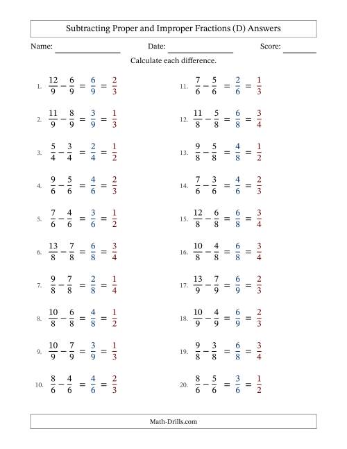 The Subtracting Proper and Improper Fractions with Equal Denominators, Proper Fractions Results and All Simplifying (Fillable) (D) Math Worksheet Page 2
