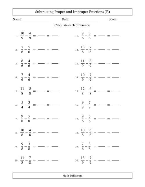 The Subtracting Proper and Improper Fractions with Equal Denominators, Proper Fractions Results and All Simplifying (Fillable) (E) Math Worksheet