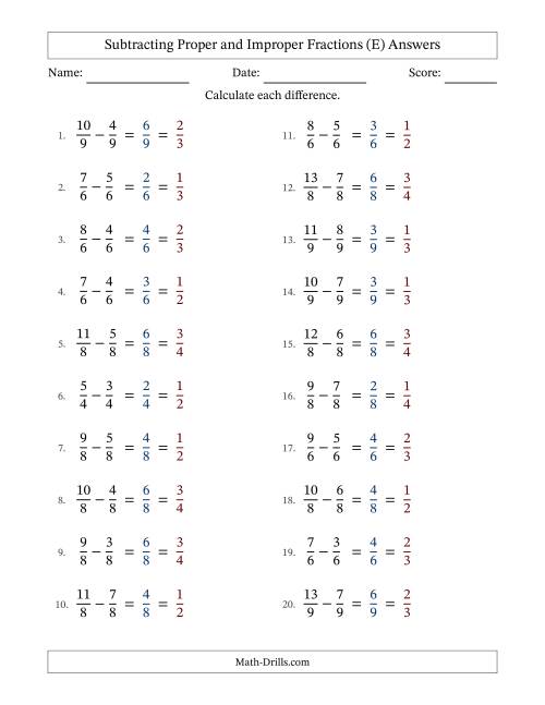 The Subtracting Proper and Improper Fractions with Equal Denominators, Proper Fractions Results and All Simplifying (Fillable) (E) Math Worksheet Page 2