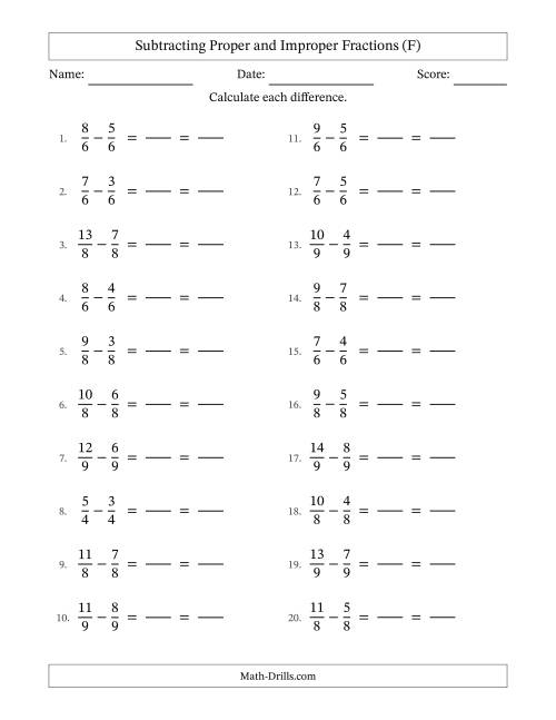 The Subtracting Proper and Improper Fractions with Equal Denominators, Proper Fractions Results and All Simplifying (Fillable) (F) Math Worksheet