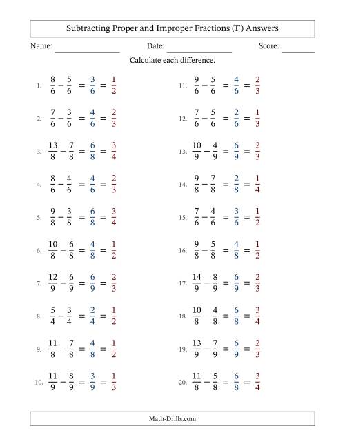 The Subtracting Proper and Improper Fractions with Equal Denominators, Proper Fractions Results and All Simplifying (Fillable) (F) Math Worksheet Page 2
