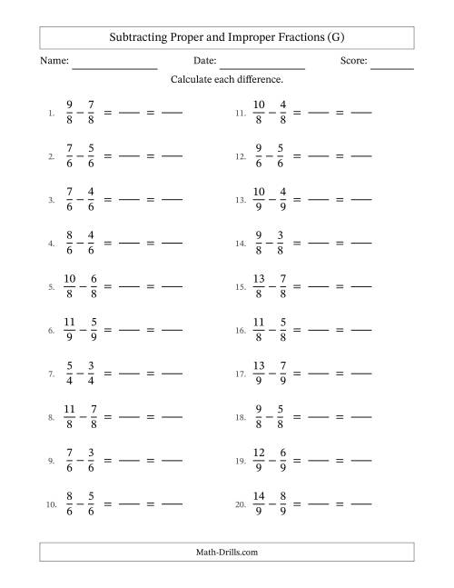 The Subtracting Proper and Improper Fractions with Equal Denominators, Proper Fractions Results and All Simplifying (Fillable) (G) Math Worksheet