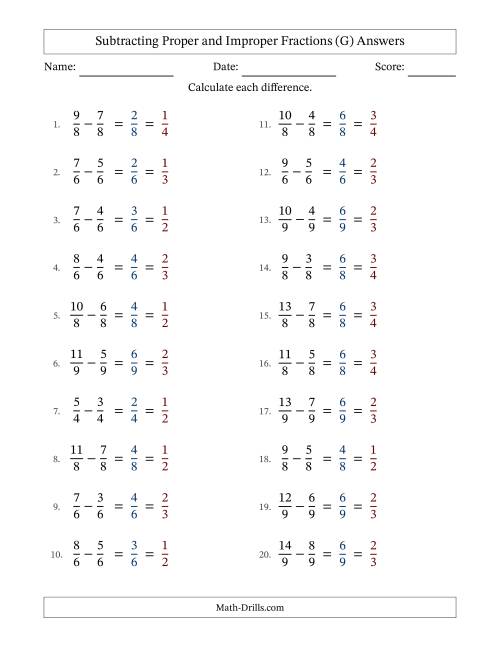 The Subtracting Proper and Improper Fractions with Equal Denominators, Proper Fractions Results and All Simplifying (Fillable) (G) Math Worksheet Page 2