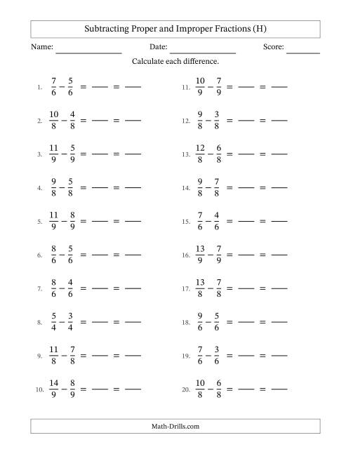 The Subtracting Proper and Improper Fractions with Equal Denominators, Proper Fractions Results and All Simplifying (Fillable) (H) Math Worksheet