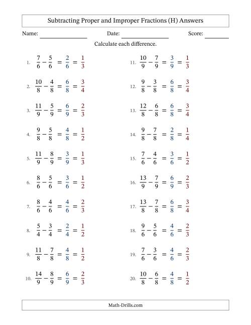 The Subtracting Proper and Improper Fractions with Equal Denominators, Proper Fractions Results and All Simplifying (Fillable) (H) Math Worksheet Page 2