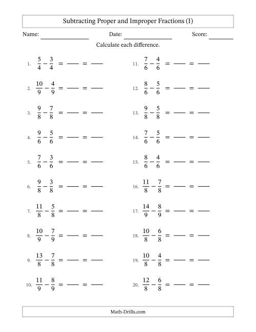 The Subtracting Proper and Improper Fractions with Equal Denominators, Proper Fractions Results and All Simplifying (Fillable) (I) Math Worksheet