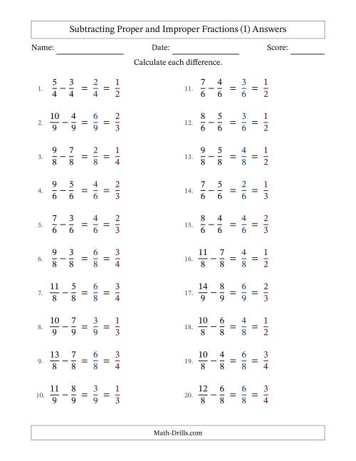 The Subtracting Proper and Improper Fractions with Equal Denominators, Proper Fractions Results and All Simplifying (Fillable) (I) Math Worksheet Page 2