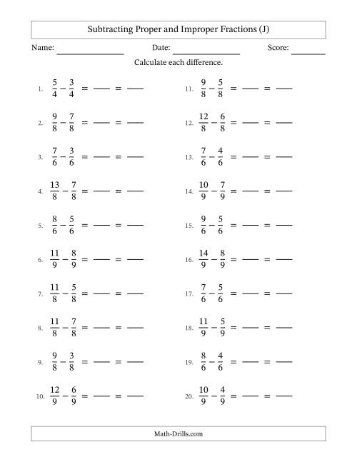The Subtracting Proper and Improper Fractions with Equal Denominators, Proper Fractions Results and All Simplifying (Fillable) (J) Math Worksheet
