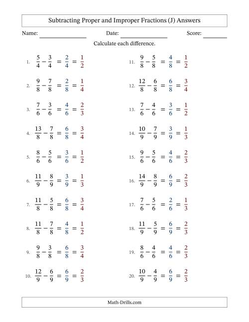 The Subtracting Proper and Improper Fractions with Equal Denominators, Proper Fractions Results and All Simplifying (Fillable) (J) Math Worksheet Page 2