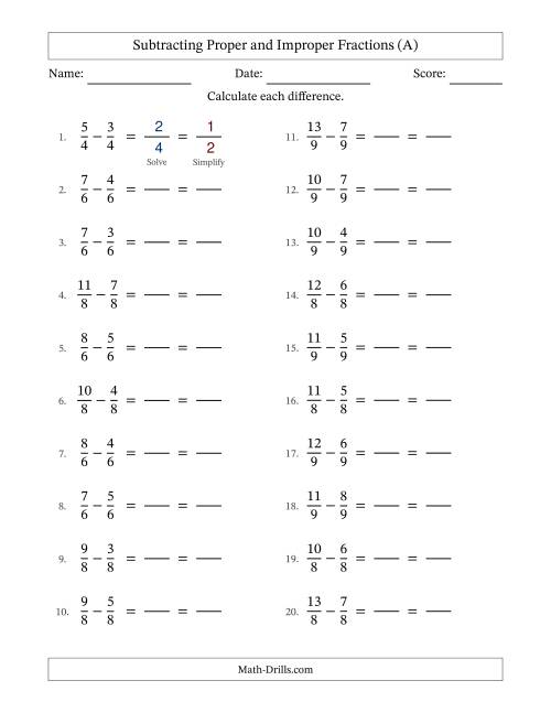 The Subtracting Proper and Improper Fractions with Equal Denominators, Proper Fractions Results and All Simplifying (Fillable) (All) Math Worksheet