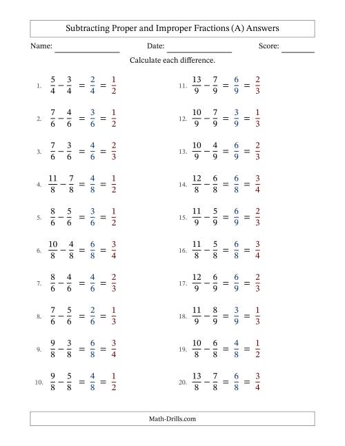The Subtracting Proper and Improper Fractions with Equal Denominators, Proper Fractions Results and All Simplifying (Fillable) (All) Math Worksheet Page 2