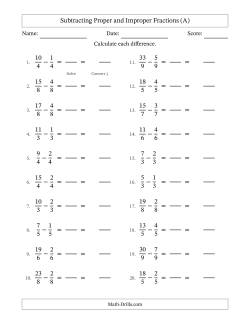 Subtracting Proper and Improper Fractions with Equal Denominators, Mixed Fractions Results and No Simplifying (Fillable)