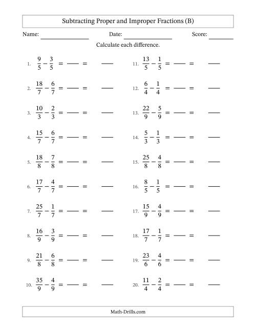 The Subtracting Proper and Improper Fractions with Equal Denominators, Mixed Fractions Results and No Simplifying (Fillable) (B) Math Worksheet