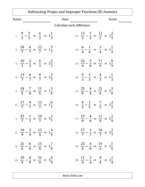 The Subtracting Proper and Improper Fractions with Equal Denominators, Mixed Fractions Results and No Simplifying (Fillable) (B) Math Worksheet Page 2