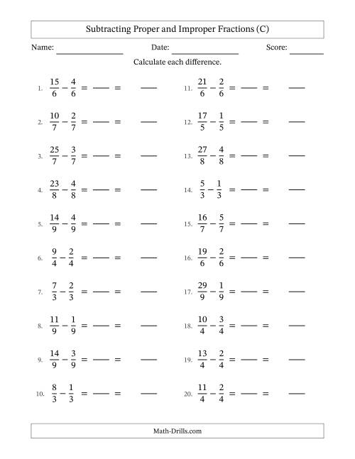 The Subtracting Proper and Improper Fractions with Equal Denominators, Mixed Fractions Results and No Simplifying (Fillable) (C) Math Worksheet