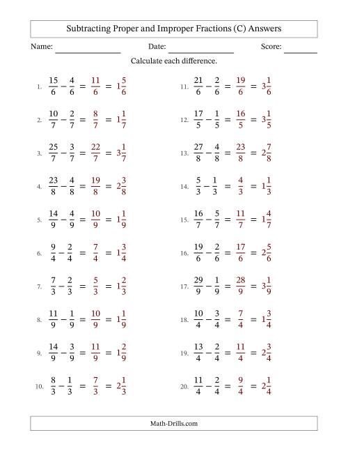 The Subtracting Proper and Improper Fractions with Equal Denominators, Mixed Fractions Results and No Simplifying (Fillable) (C) Math Worksheet Page 2