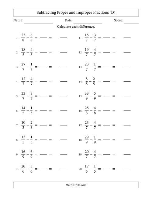 The Subtracting Proper and Improper Fractions with Equal Denominators, Mixed Fractions Results and No Simplifying (Fillable) (D) Math Worksheet