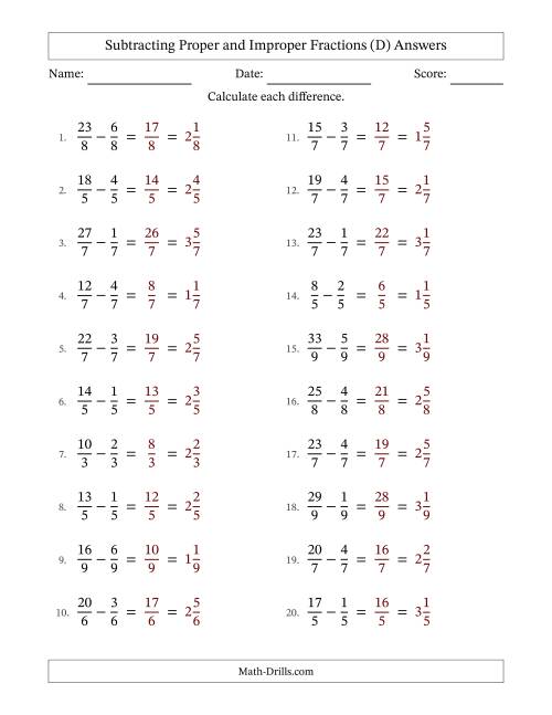 The Subtracting Proper and Improper Fractions with Equal Denominators, Mixed Fractions Results and No Simplifying (Fillable) (D) Math Worksheet Page 2