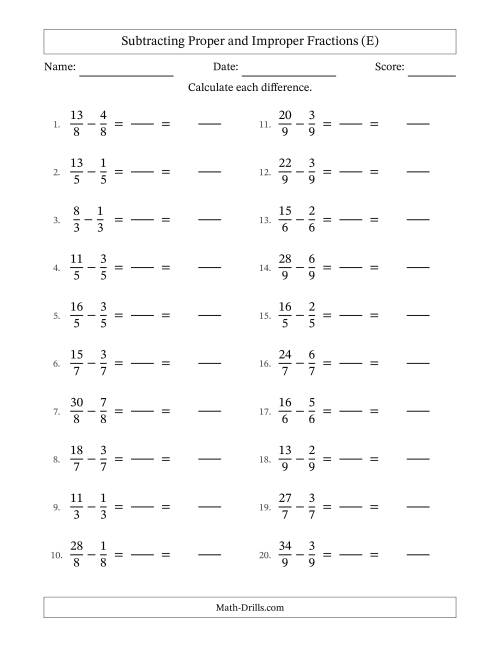 The Subtracting Proper and Improper Fractions with Equal Denominators, Mixed Fractions Results and No Simplifying (Fillable) (E) Math Worksheet